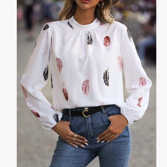 Boho Feather Print Long Sleeve Top Blouse Shirt White - Picture 3 of 7
